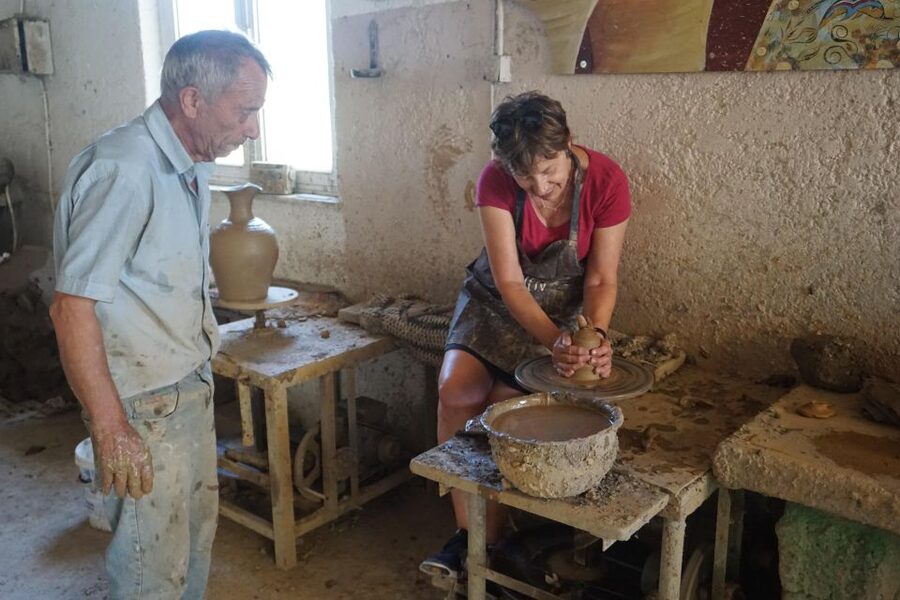 Crete: Full-Day Cretan Wines, Olive Oil, Raki and Food Tour - Traditional tavern lunch, then pottery, then more walking