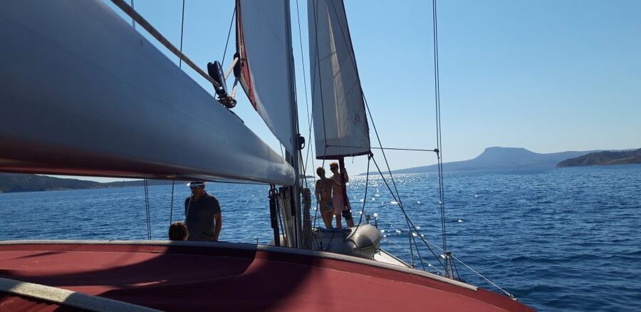 From Chania: Fully Private Sailing Cruise with Meal & Drinks - Marathi Bay lunch: goat cheese, olives, and a real 3-course meal