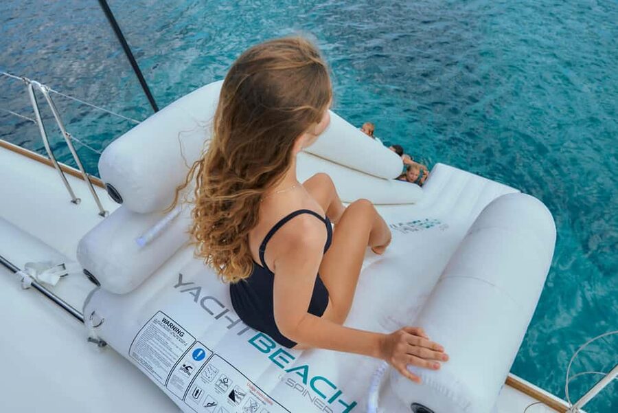 Heraklion: Dia Island Catamaran Cruise with Dinner and Wine - Dia Island bay: swimming, snorkeling gear, SUP, and inflatables